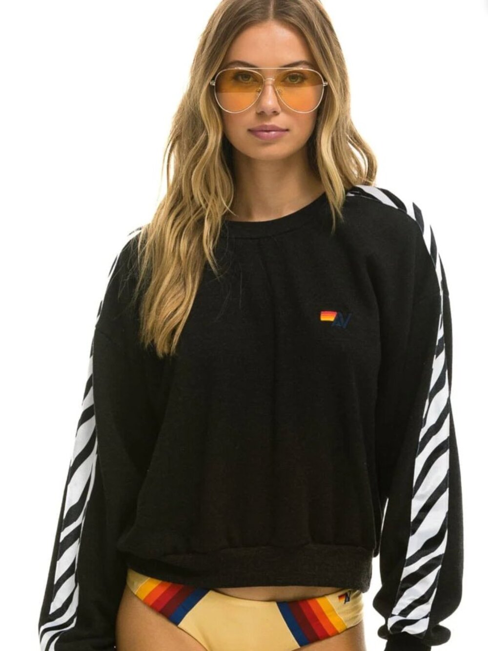 Aviator Nation Women's Zebra Stripe Relaxed Fit Crew Sweatshirt Black XS